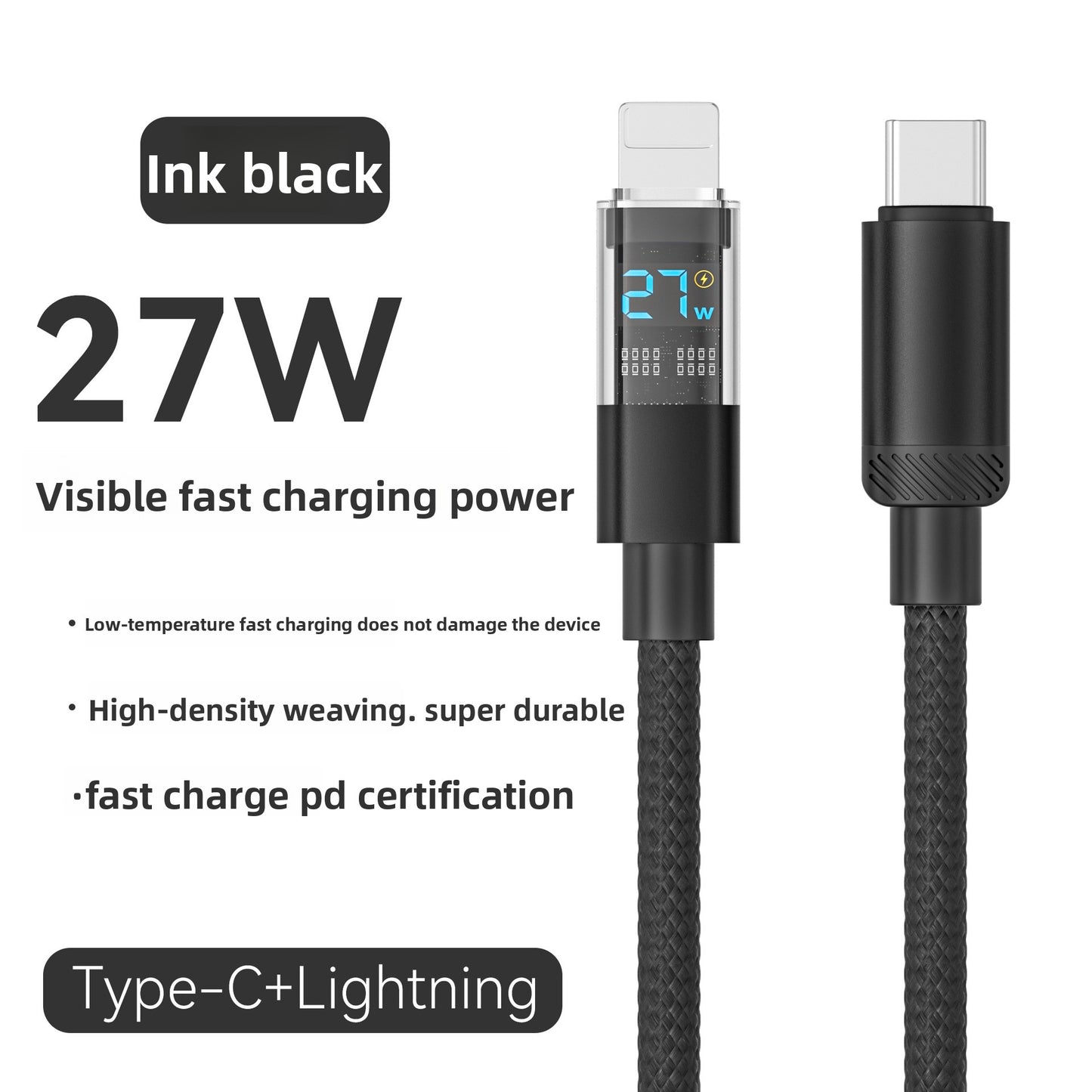 Kabel USB-C PD 27W/65W/100W z cyfrowym wyswietlaczem napiecia i pradu, pleciony, 1m/2m